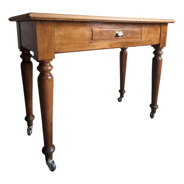 Vintage Beechwood Office Desk with Linoleum Top and Drawer, 1930s For Sale