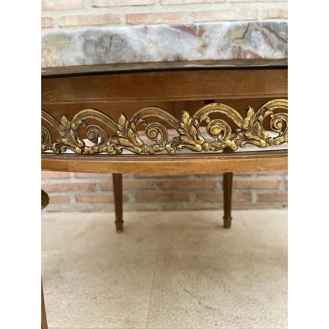 Metal 20th Century French Louis XVI Style Bronze, Round Marble & Oak Table For Sale - Image 7 of 10