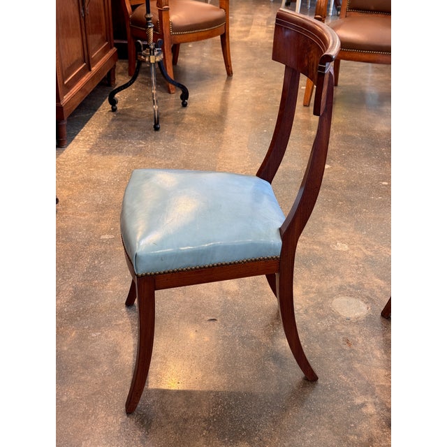 Traditional 19th Century Set of Seven Klismos Chairs With Blue Leather Seats For Sale - Image 3 of 12
