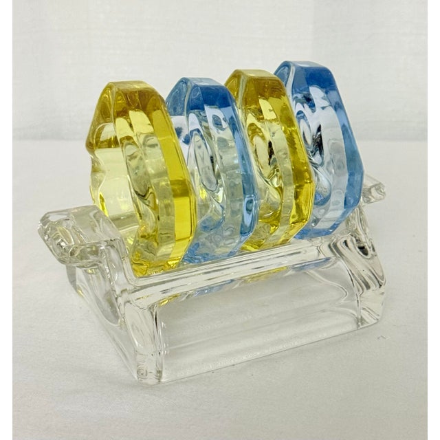 Mid-Century Modern Vintage Art Deco "Bridge Party" Nesting Glass Ashtray / Catchall Set in Topaz & Sapphire – 5-Piece Caddy | Palm Beach Regency Table Jewelry For Sale - Image 3 of 7