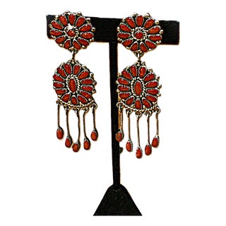 1980s Zuni, Alice Quam, Extraordinary Coral Earrings, Pair For Sale