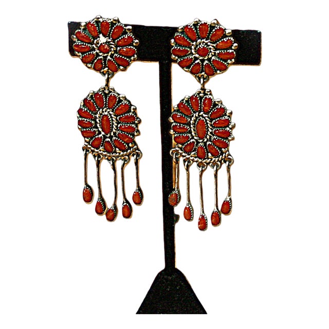 1980s Zuni, Alice Quam, Extraordinary Coral Earrings, Pair For Sale