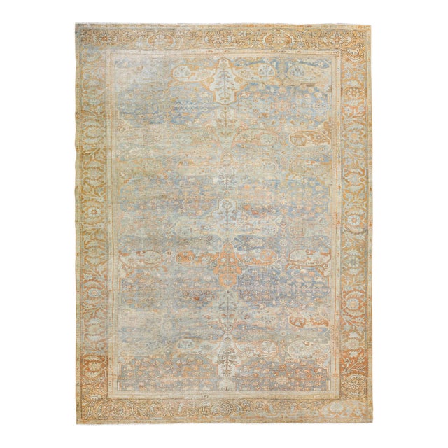 Antique Sultanabad Handmade Allover Floral Light Blue Wool Rug For Sale