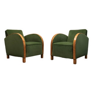 Vintage Green Velvet Lounge Chairs with Wooden Arm Overlays, Sweden, 1930, Set of 2 For Sale