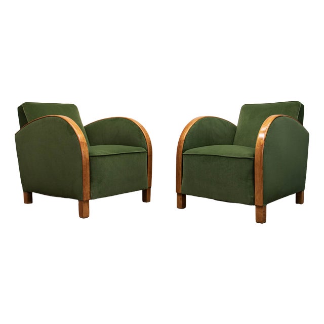 Vintage Green Velvet Lounge Chairs with Wooden Arm Overlays, Sweden, 1930, Set of 2 For Sale