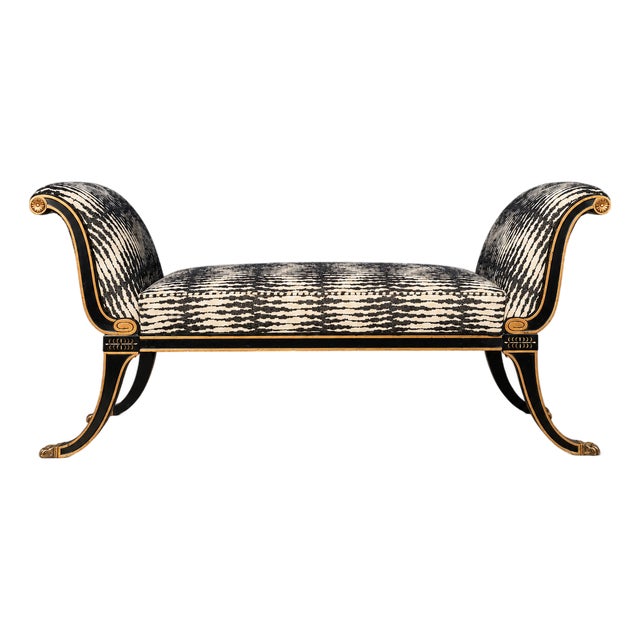 1970s Maison Jansen–Style Neoclassical Ebonized and Gilt Window Settee in Castel Baobab Fabric For Sale