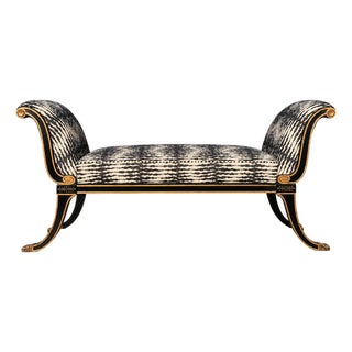 1970s Maison Jansen–Style Neoclassical Ebonized and Gilt Window Settee in Castel Baobab Fabrit For Sale