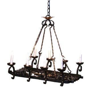 19th Century French Gothic Verdigris Flat Bottom Iron Eight-Light Chandelier For Sale