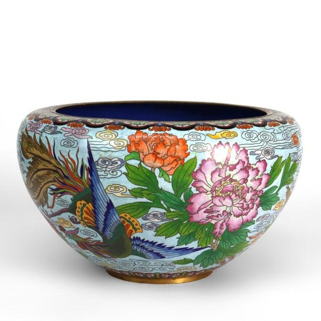 Oversized Vintage Chinese Cloisonne Enameled Bowl With Floral & Pheasants 20thC For Sale - Image 4 of 11
