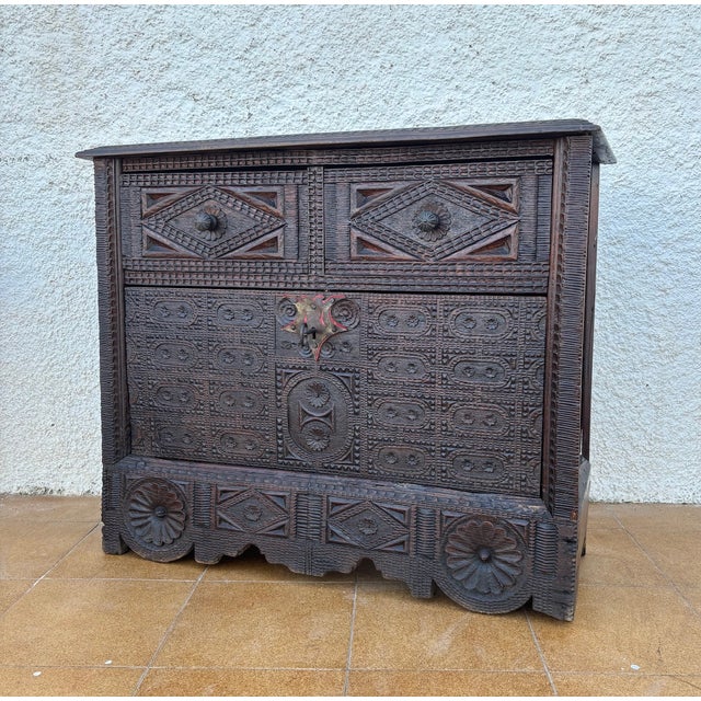 Wood Spanish Renaissance Carved Cabinet with Drop-Front Door and Two Drawers, 1880s For Sale - Image 7 of 18