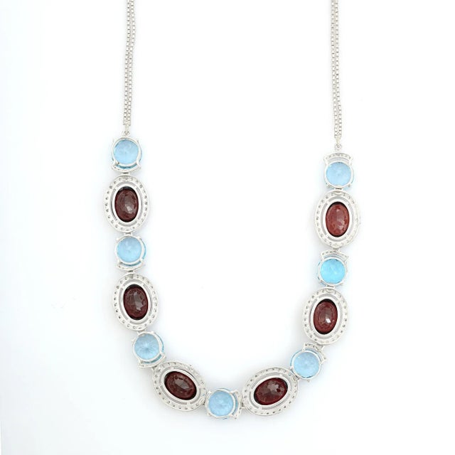 Not Yet Made - Made To Order Victorian Oval Blue Topaz & Garnet Necklace With Zirconia Set in 925 Silver- Anniversary Gift For Sale - Image 5 of 10