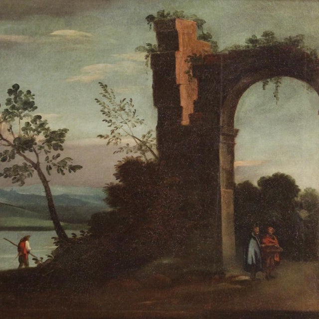 Italian Painting Landscape with Characters and Ruins, 1750, Oil on Canvas, Framed For Sale - Image 15 of 17