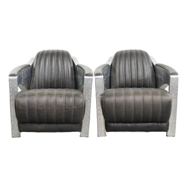 Industrial Black Cowhide Aviator Chairs, Set of 2 For Sale