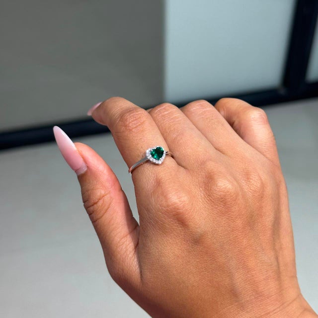 Not Yet Made - Made To Order Art Deco Heart Cut Emerald & Diamond Promise Ring Size 4 in 18k White Gold For Sale - Image 5 of 16