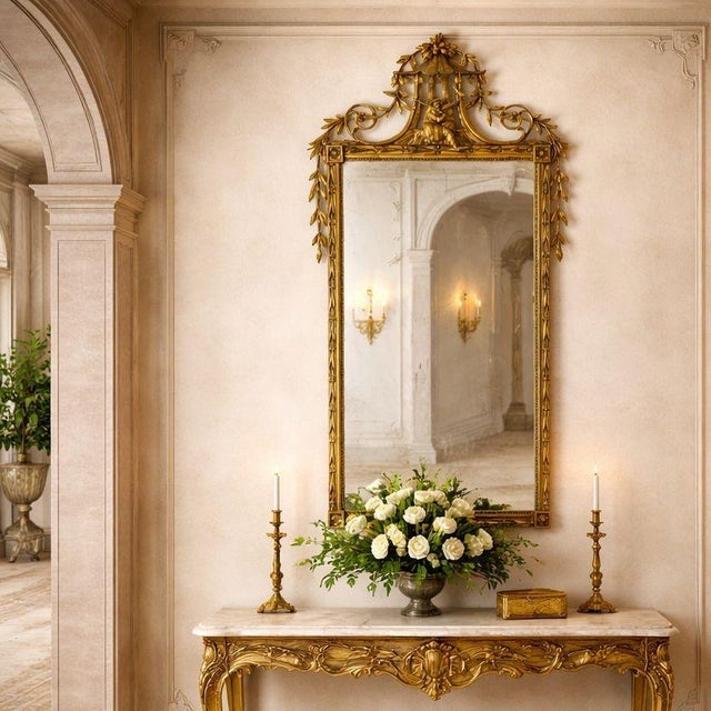 A FINE CHIPPENDALE CARVED GILTWOOD PAGODA-TOP WALL MIRROR English, circa 1775 With early silvered plate glass, surmounted...