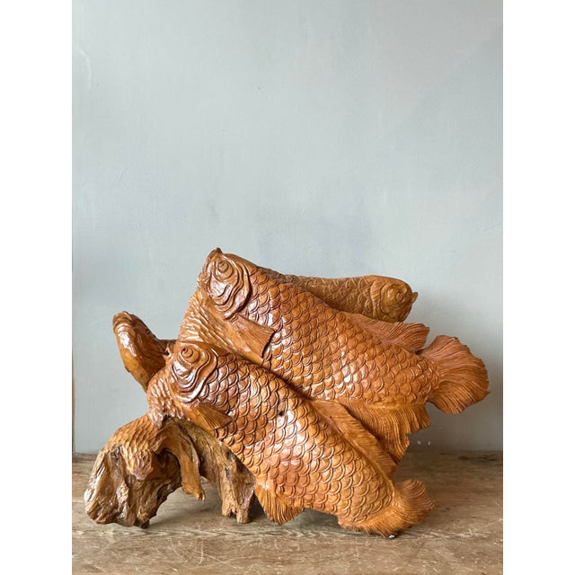 Amber Vintage Boho Carved Trunk Koi Sculpture For Sale - Image 8 of 8