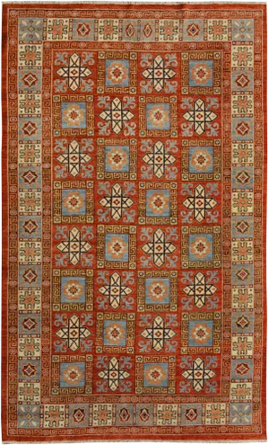 1990s Shabby Chic Tribal Kafkaz Rust/Lt. Blue Hand-Knotted Rug - 5'11 X 9'2
