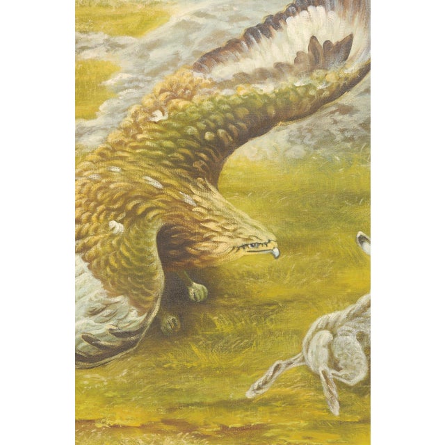 A Swedish framed painting of a hawk and rabbit from the mid 20th century. This mid-century painting from Sweden depicts a...