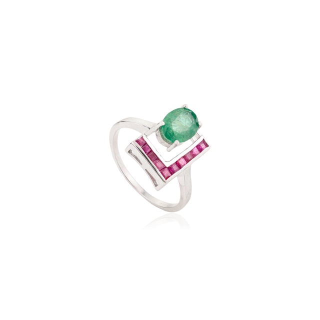 Art Deco Carat&her L Shape Sterling Silver Ring With Ruby & Emerald Wedding Gift for Her - Size 7 For Sale - Image 3 of 11