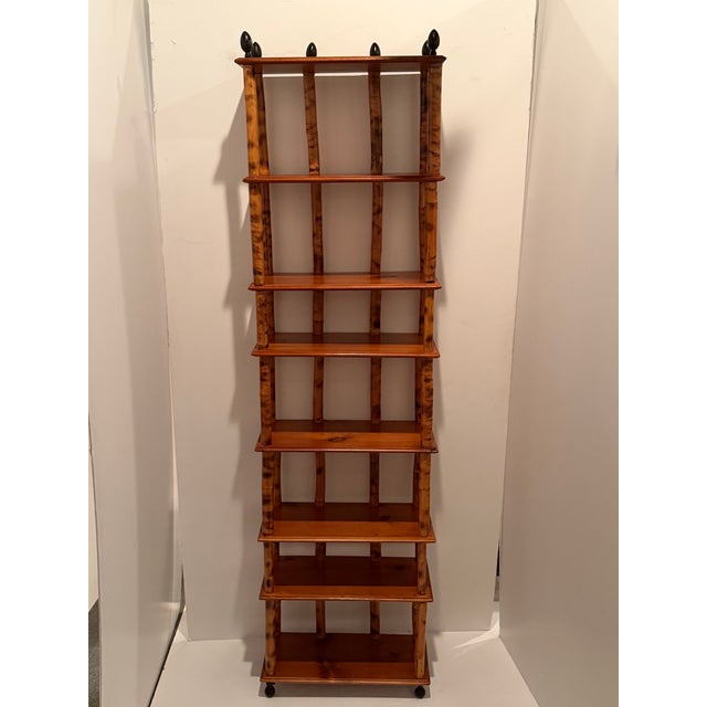 Tall & Narrow Rattan Bamboo Etagere Bookshelf With Iron Finials For Sale - Image 11 of 12