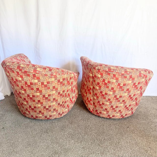 Postmodern Red and Gold Fabric Sculpted Swivel Arm Chairs - A Pair For Sale - Image 4 of 10