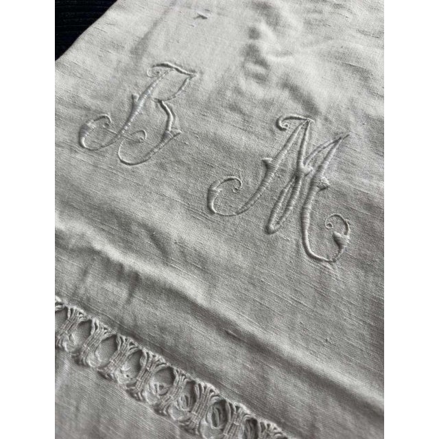 Antique French Heirloom Linen Towel Bm Monogram Drawn Thread Work Hand Knotted Fringe Trousseau Textile Circa 1900 For Sale - Image 9 of 12