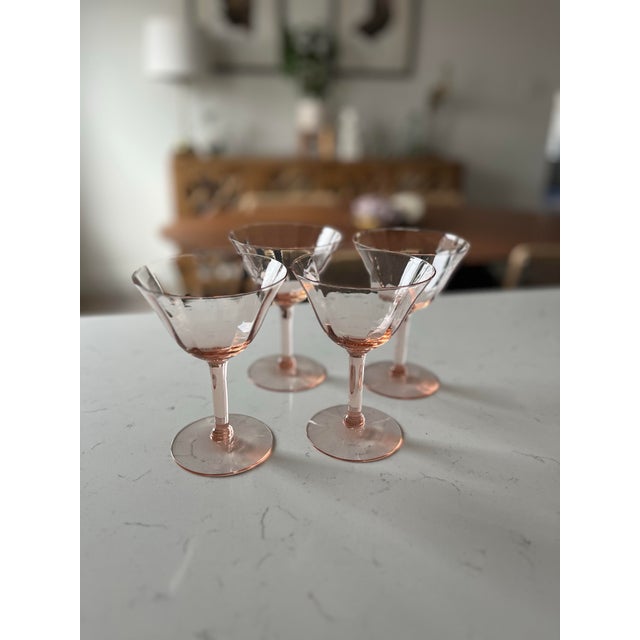 1950s Tiffin Franciscan Pink Faceted Champagne Glasses-Set of 4 For Sale - Image 4 of 9