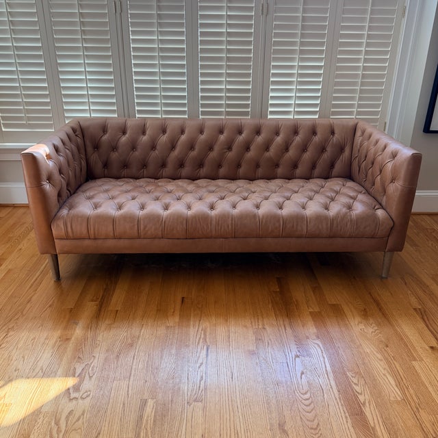 Camel Crate & Barrel Rollins Leather Sofa For Sale - Image 8 of 9