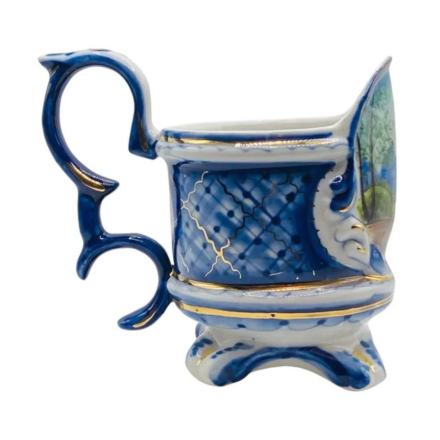 Early 1900s Antique Porcelain Hand Painted Gzhel Cup Glass Milk Can Holder, Signed For Sale - Image 4 of 9