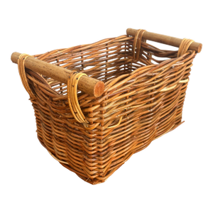 Vintage Coastal Woven Cane Basket With Wood Handles