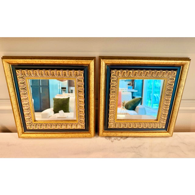 Hollywood Regency Pair of Vintage 11” X 11” Giltwood Accent Wall Mirrors With Carved Geometric Frames For Sale - Image 3 of 9