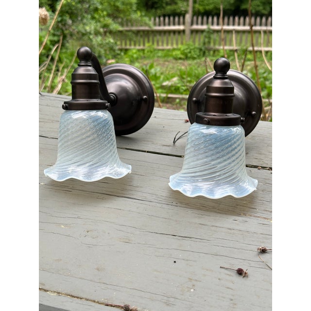 American Pair of Antique Brass Sconces With Vintage Opalescent Shades For Sale - Image 3 of 7
