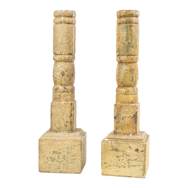 Pair of Antique Wood Candlestick Holders Rustic Chic For Sale