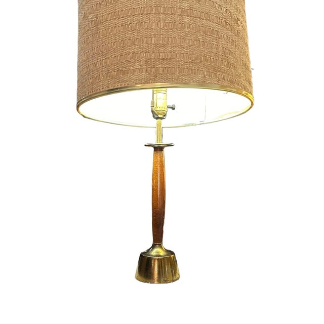 Vintage MCM Danish Modern 1950s Wood Brass Burlap Table Lamp 24x14” Lamp shade has damage,please see photos.
