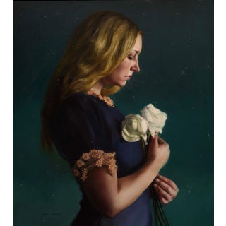 Katie by Sara Scribner | Oil on Aluminum Portrait of a woman holding white roses. For Sale