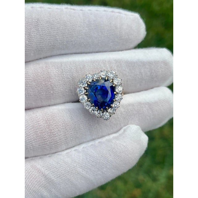 9 Carat No Heat Ceylon Blue Sapphire & Old Euro Cut Diamond Ring in 14K, Size 6.5 For Sale - Image 9 of 10