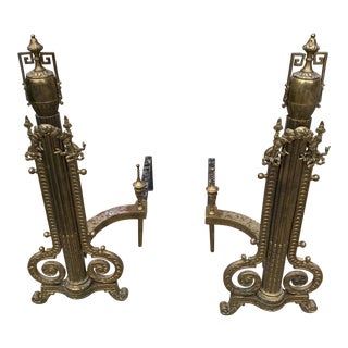 1930s Greek Key Brass Andirons - a Pair For Sale