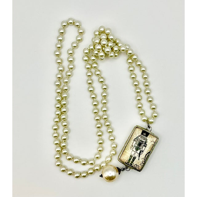 1990s Vintage Chippendale Art Deco Nutcracker Babble on Faux Pearls Christmas Pendant Necklace, 40” For Sale - Image 9 of 17
