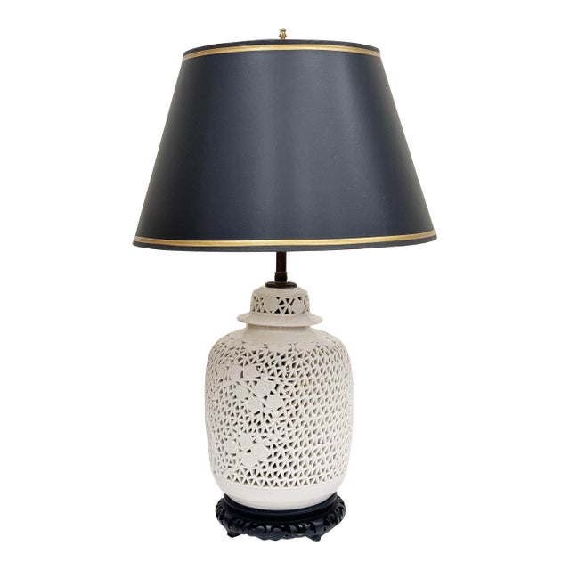 Vintage Blanc De Chine Reticulated Table Lamp W/ Black Shade For Sale