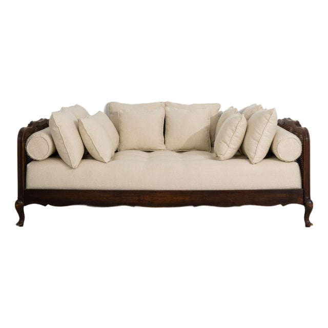 Louis XV Upholstered Daybed with Rattan Side Panels and Cushions, Rococo Style, France, Early 20th Century For Sale