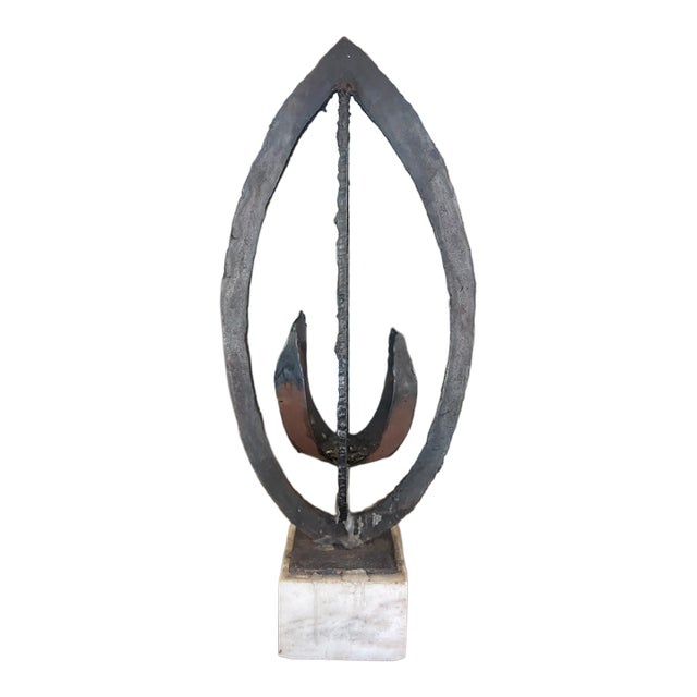 Brutalist Possibly Welded Steel Abstract Sculpture Candle Holder on Likely White Marble Base, 1960s Modernist Art Object. For Sale