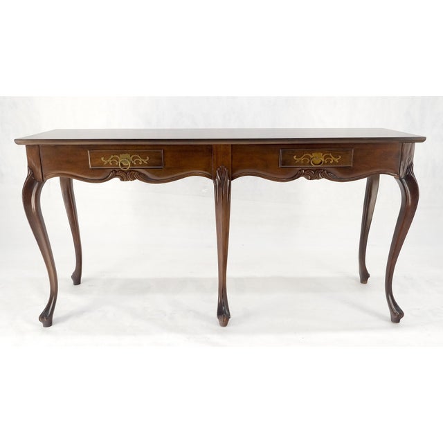 Brown Baker 54" Long 6 Legged Burl Walnut 2 Drawers Cabriole Leg Console Sofa Table For Sale - Image 8 of 15