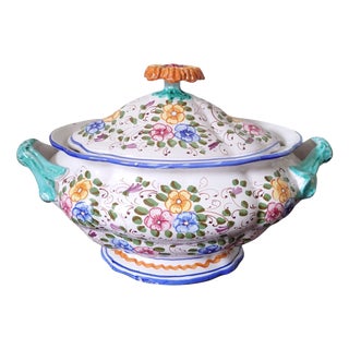 Large Italian Majolica Tureen with Hand-Painted Floral Decoration, 1970s For Sale