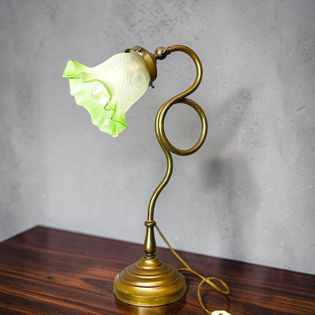 Art Nouveau Whiplash Curve Brass Tulip and Green Glass Table Lamp, 1950s For Sale - Image 14 of 14