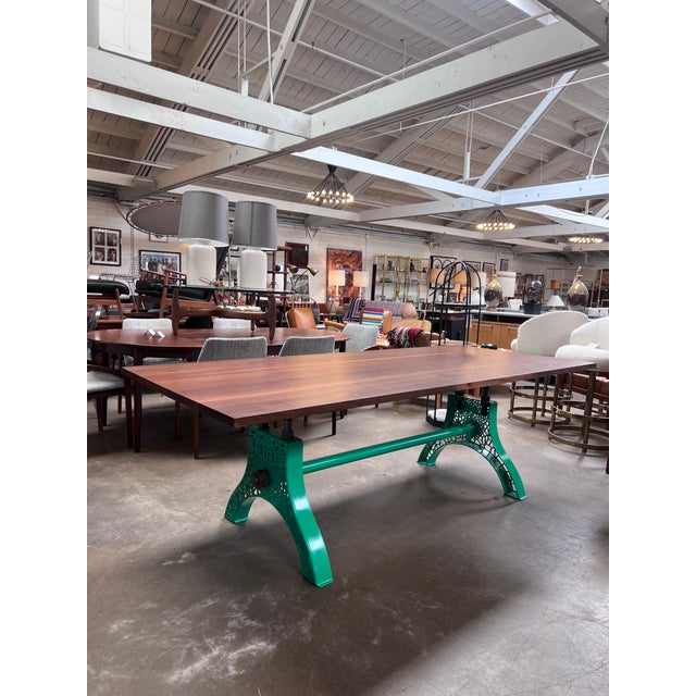 Vintage industrial custom table, featuring a true vintage Hure machinist base, newly lacquered in vibrant green, and a...