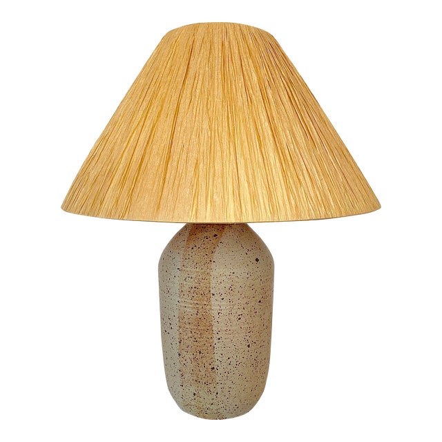 Vintage Signed Ceramic Table Lamp With Handmade Raffia Shade For Sale