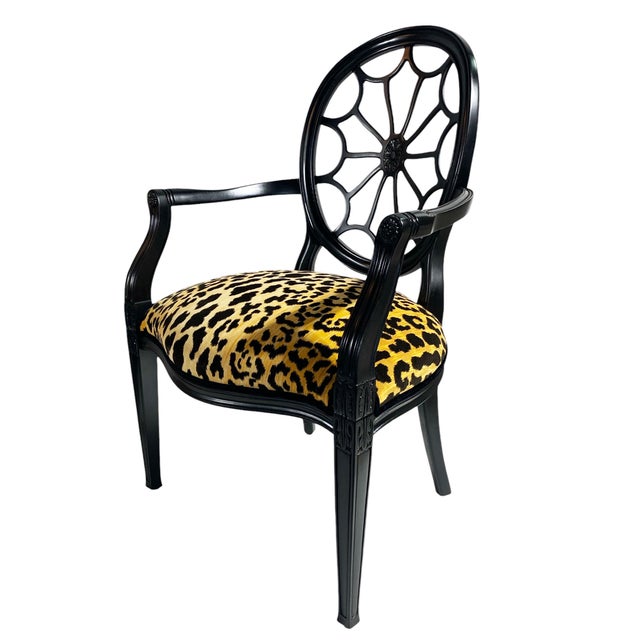 1960s 1950s Hepplewhite Style Black Lacquer Spider Back Armchair W/Animal Print For Sale - Image 5 of 6