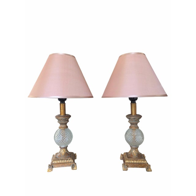 Late 20th Century Hollywood Regency Gilded Gold and Faux Crystal Lamps With Pink Lampshades- A Pair For Sale - Image 5 of 18