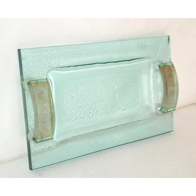Fontana Arte Fontana Arte Glass Beveled & Gold Infused Rectangle Footed Serving Tray Italy For Sale - Image 4 of 13