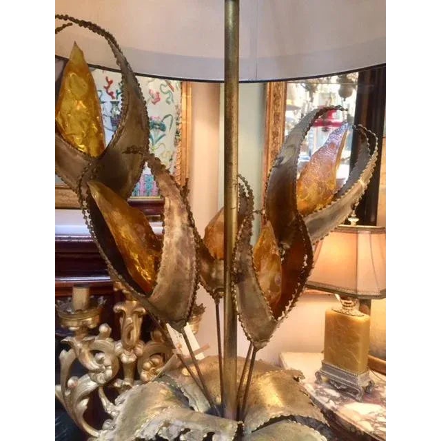 Mid Century Brass & Acrylic Lamp, floral Gold and Yellow Stone shades Included Base 6 1/2" Diameter 32"h